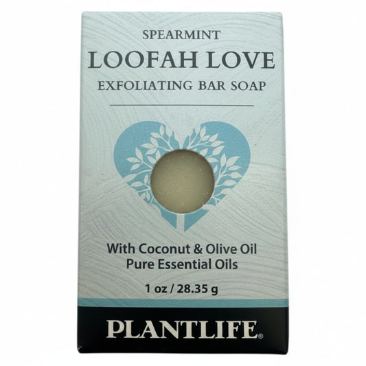Plantlife Spearmint Loofah Love Exfoliating Bar Soap 1 oz with coconut oil, olive oil, and pure essential oils.
