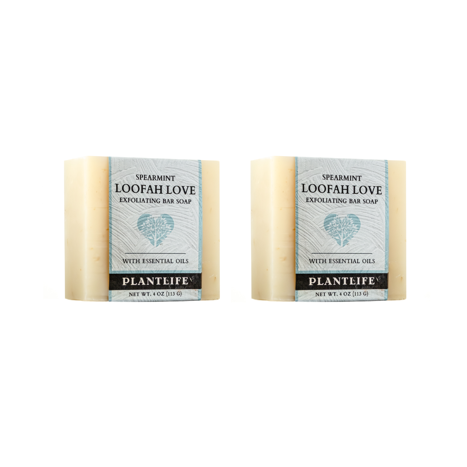 Two bars of Plantlife Loofah Love exfoliating bar soap on a white background