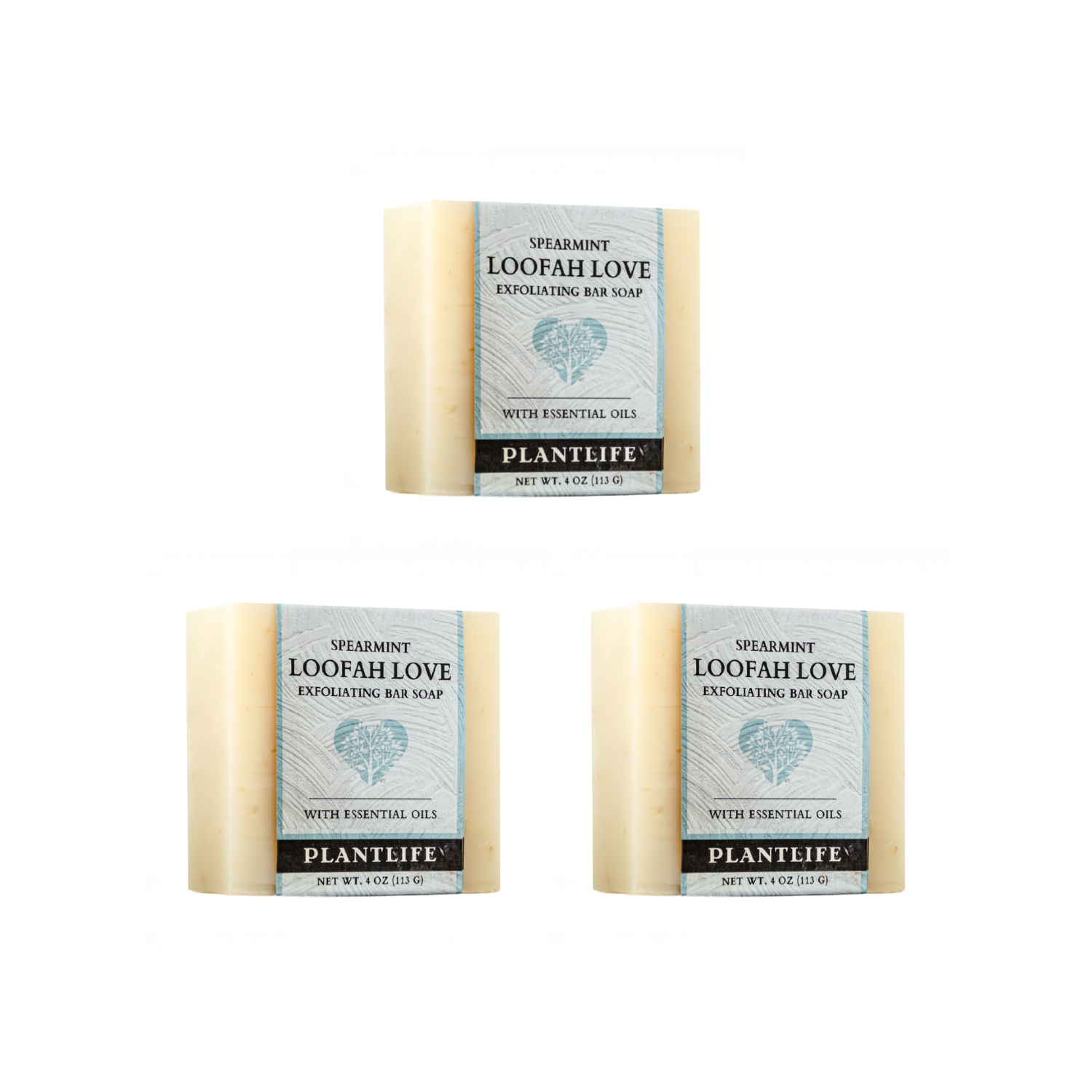 Three bars of Plantlife Loofah Love Exfoliating Bar Soap on a white background