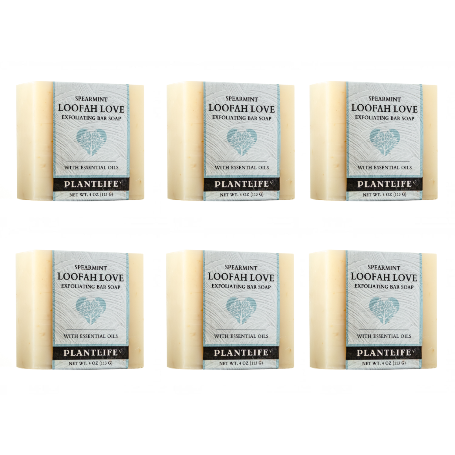 Six bars of Plantlife Spearmint Loofah Love Exfoliating Bar Soap on a white background