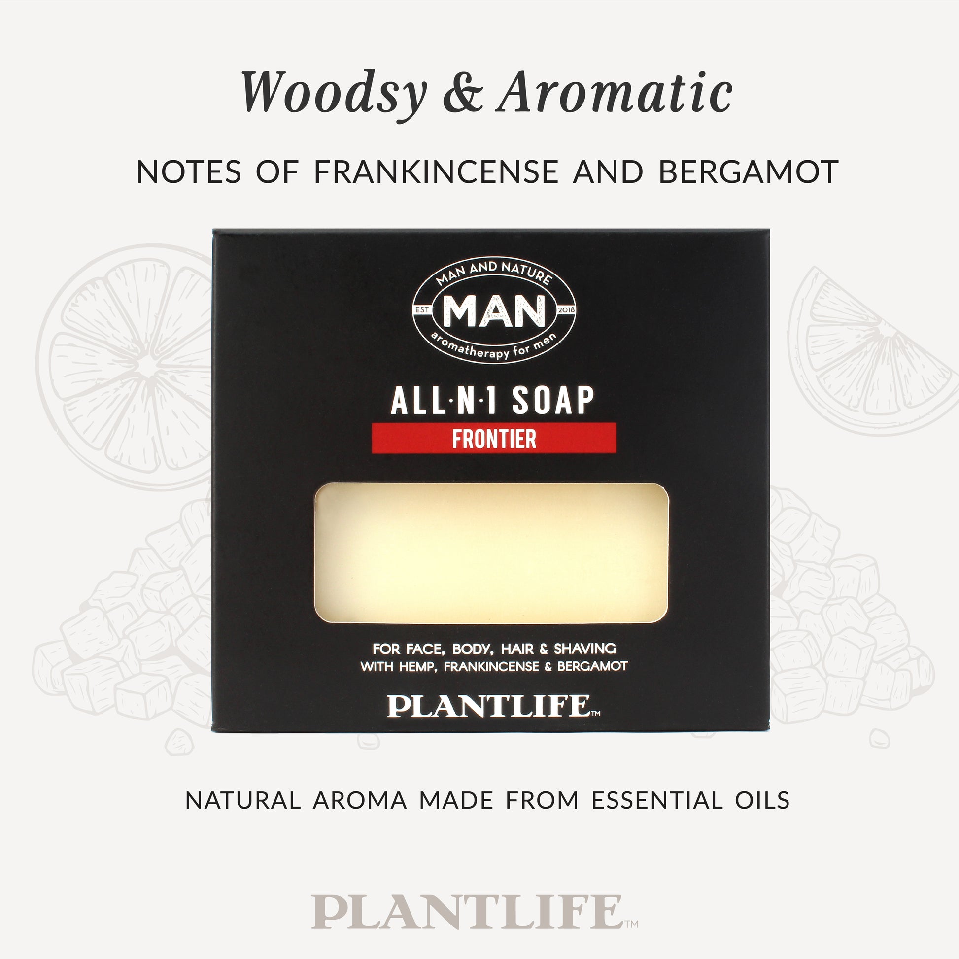 Box of Plantlife All-in-1 soap with frankincense and bergamot notes on a white background