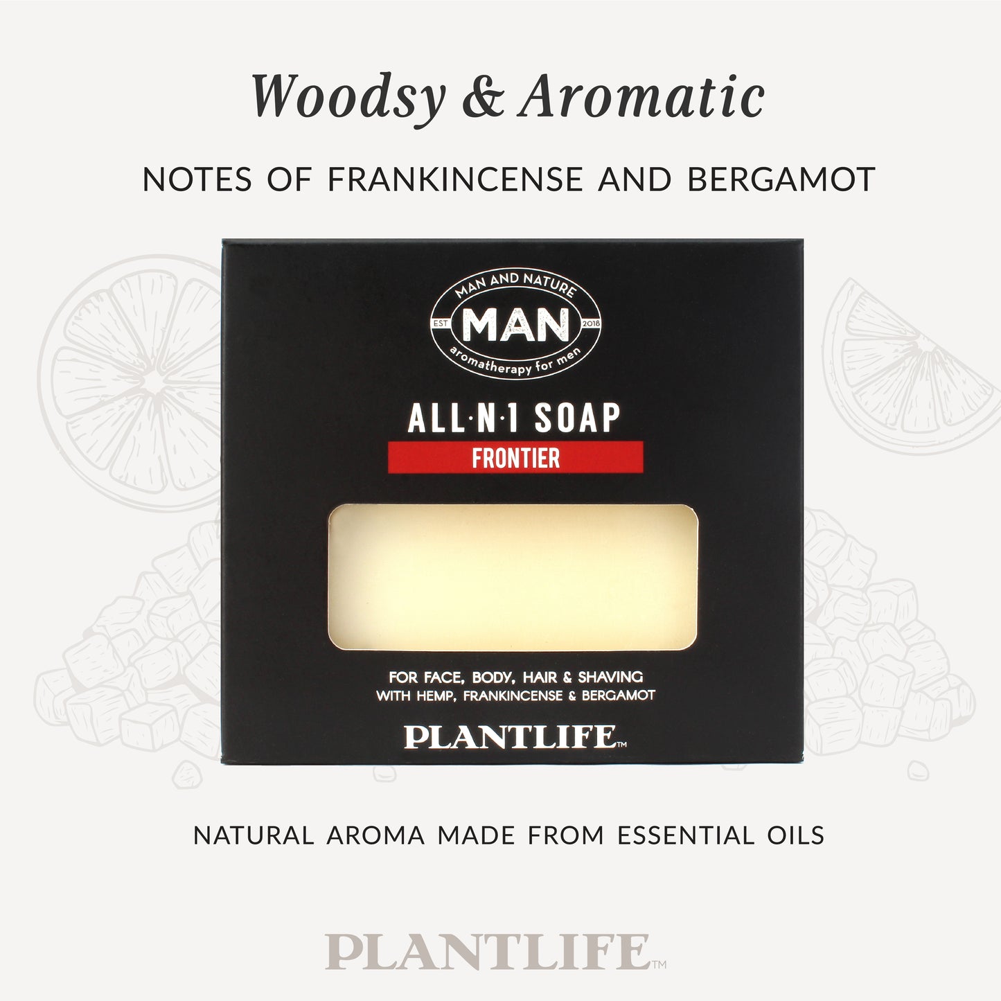 Box of Plantlife All-in-1 soap with frankincense and bergamot notes on a white background