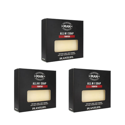 Three boxes of Plantlife MAN All in One Soap on a white background