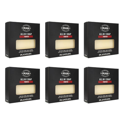 Six boxes of Plantlife all-in-one soap on a white background