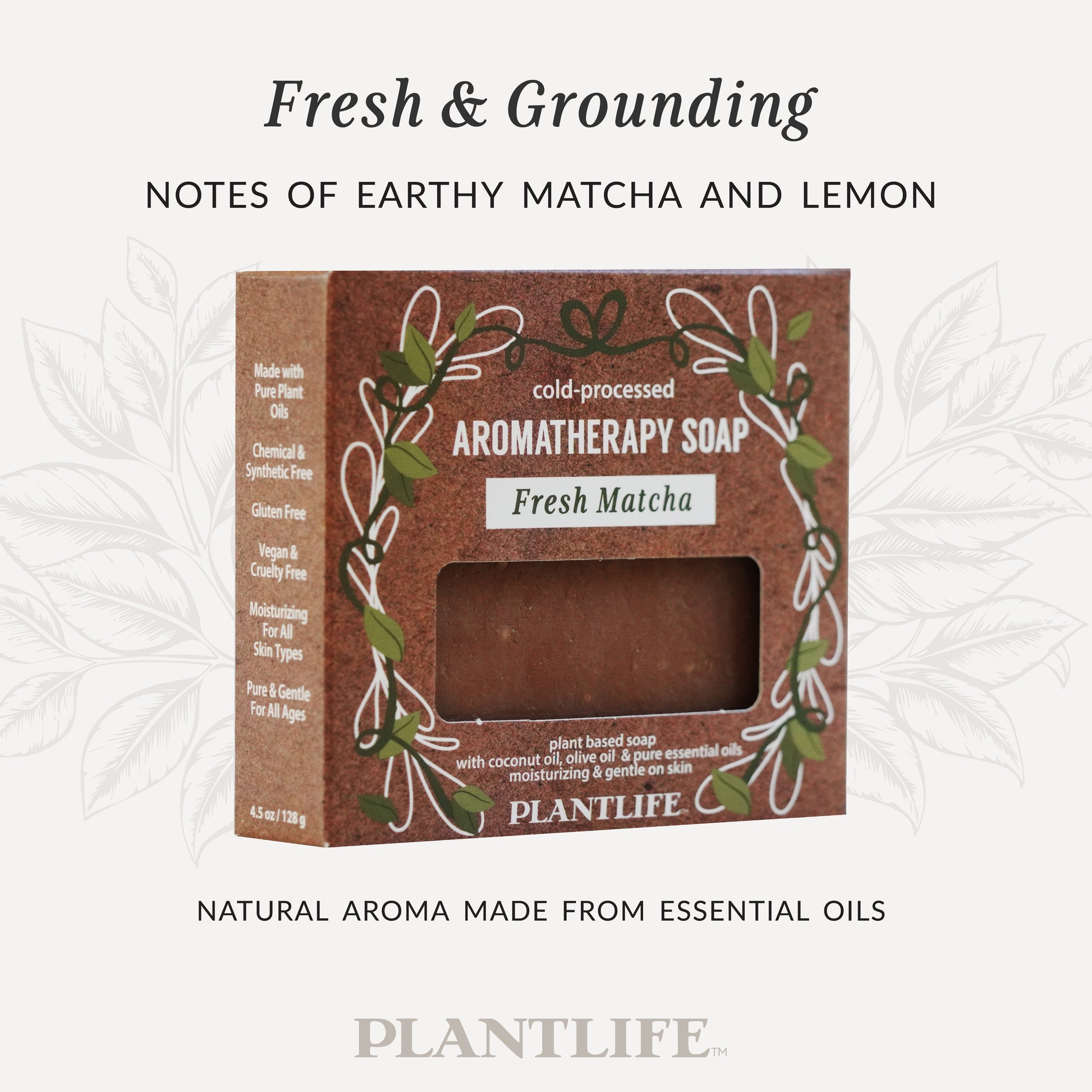 Fresh Matcha Aromatherapy Soap in brown eco box with green leaf design. Text reads “Fresh & Grounding – Notes of earthy matcha and lemon.” Natural aroma made from essential oils. Cold-processed bar crafted with coconut, olive, and pure essential oils to cleanse and restore balance to skin.