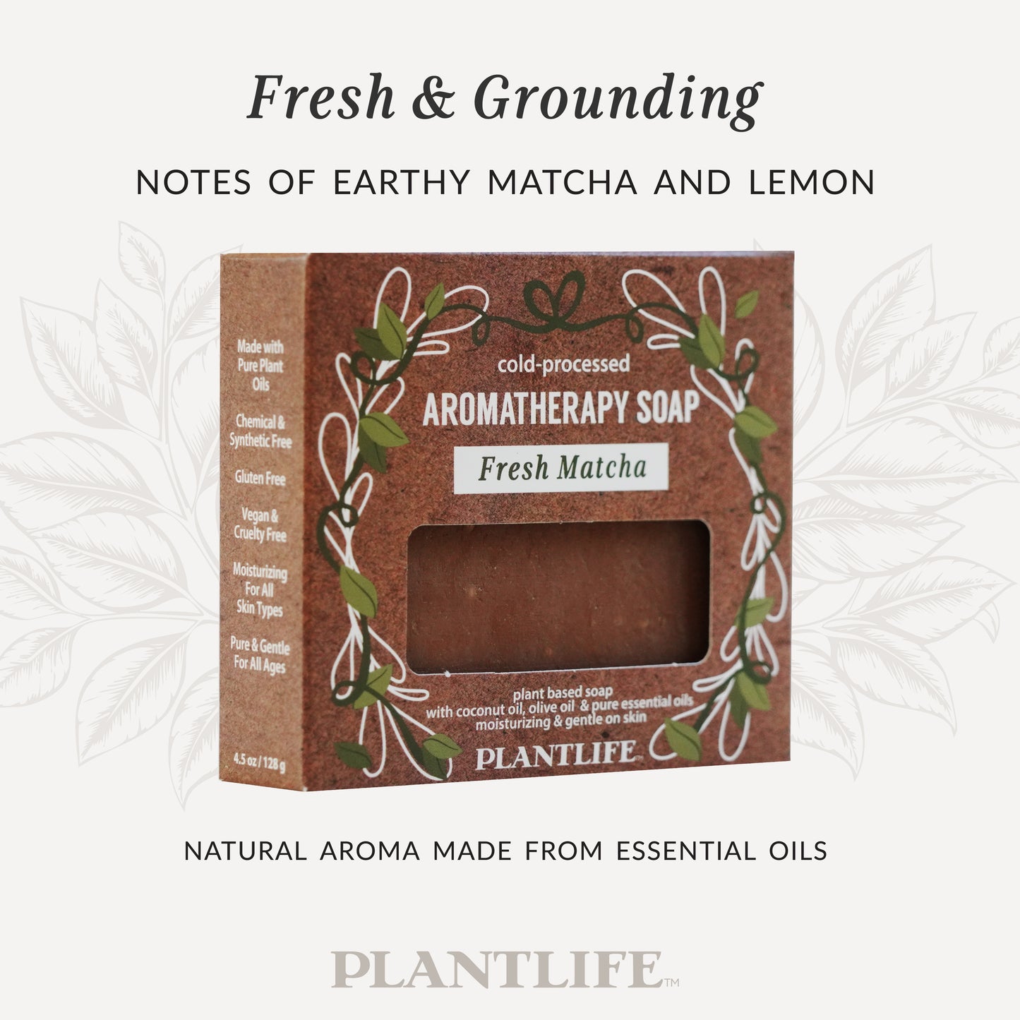 Fresh Matcha Aromatherapy Soap in brown eco box with green leaf design. Text reads “Fresh & Grounding – Notes of earthy matcha and lemon.” Natural aroma made from essential oils. Cold-processed bar crafted with coconut, olive, and pure essential oils to cleanse and restore balance to skin.