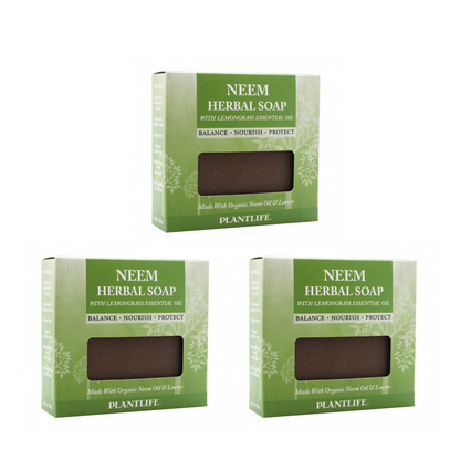 Three boxes of Neem Herbal Soap by Plantlife on a white background