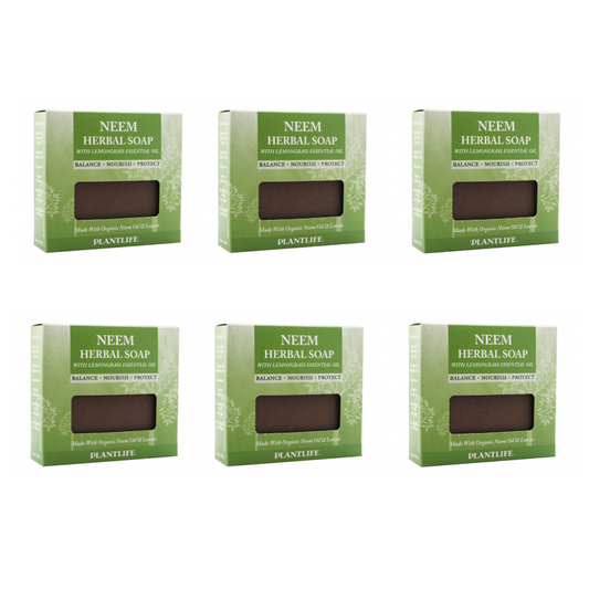 Six boxes of Neem Herbal Soap by Plantlife on a white background