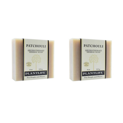 Two bars of Patchouli Aromatherapy Herbal Soap by Plantlife on a white background