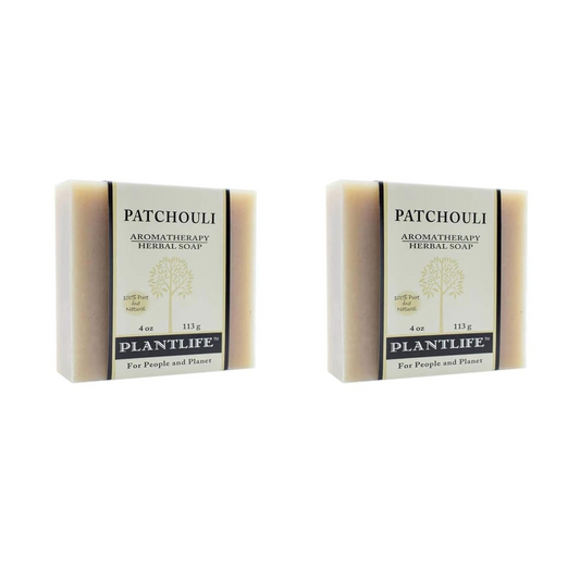 Two bars of Patchouli Aromatherapy Herbal Soap by Plantlife on a white background