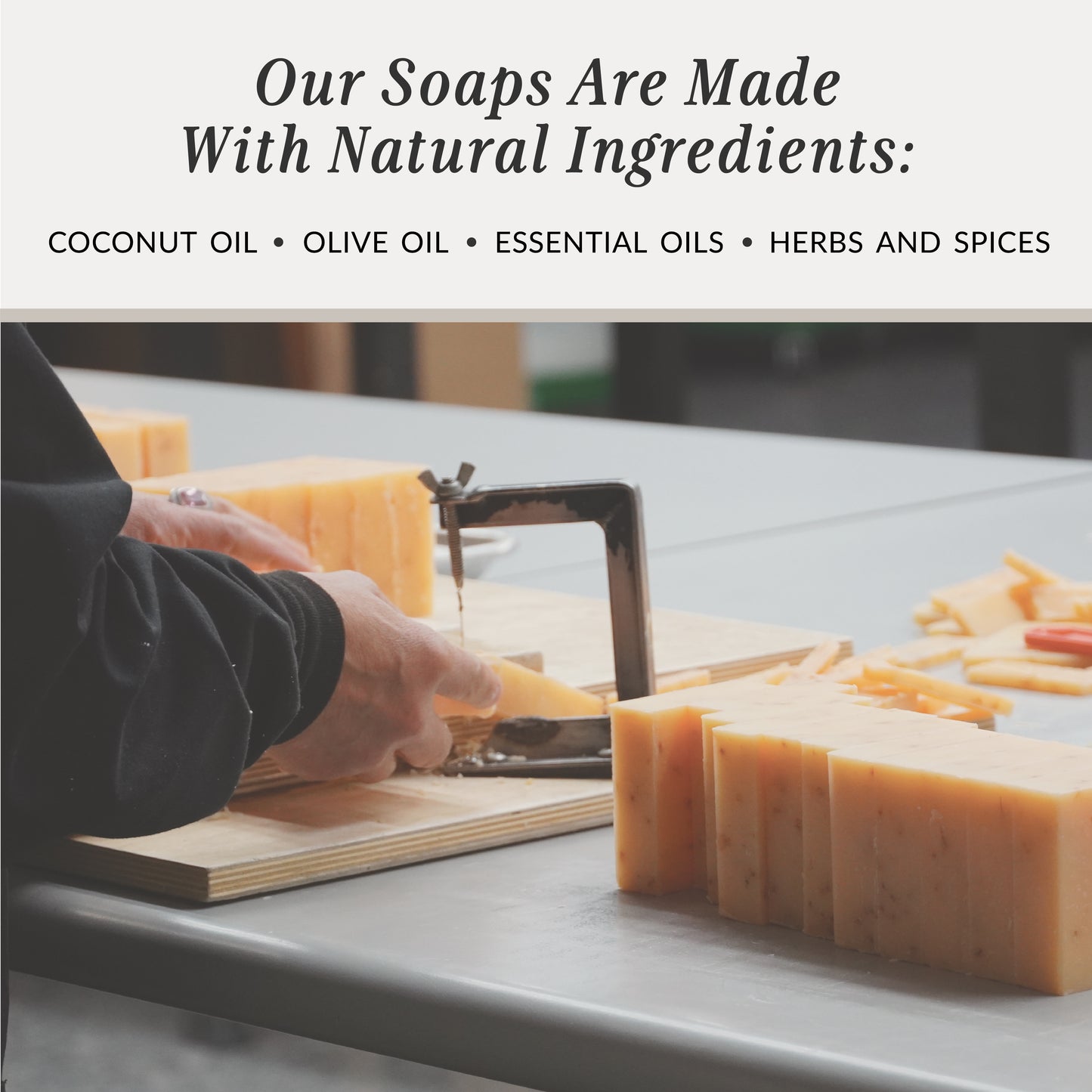 Person cutting soap bars on a wooden block with text about natural ingredients.