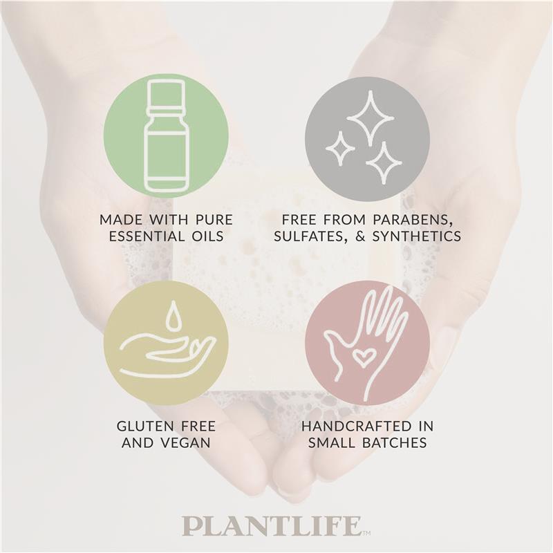 Product packaging with icons and text highlighting features like pure essential oils, no parabens, gluten-free, vegan, and handcrafted.
