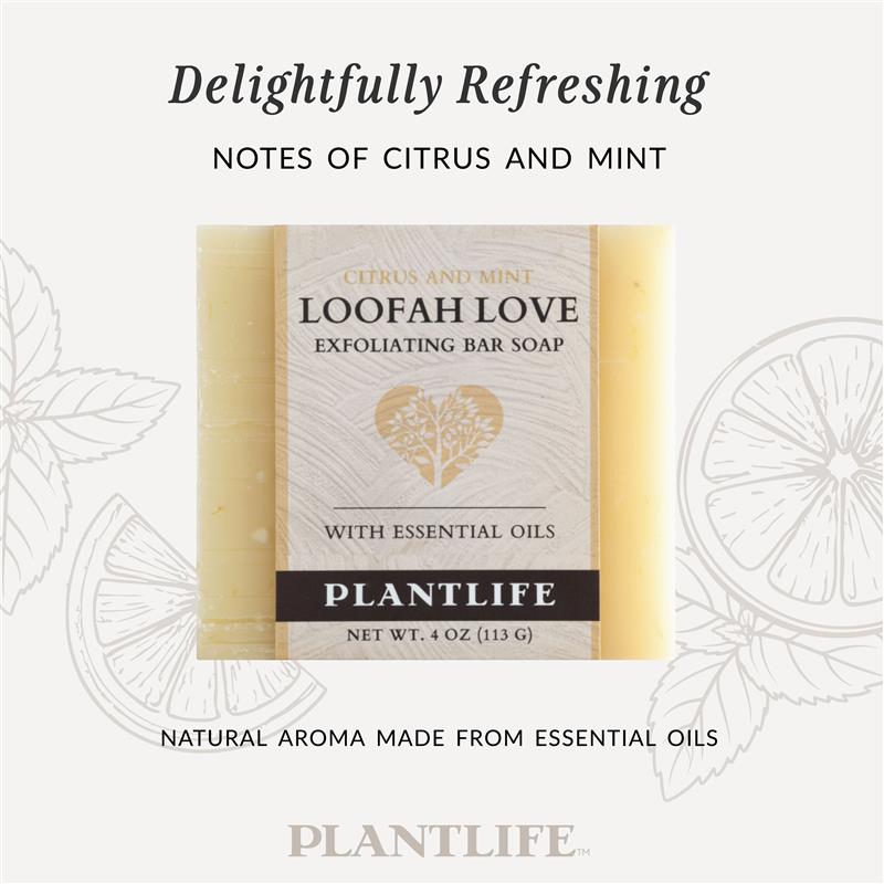 Plantlife Loofah Love Exfoliating Bar Soap with citrus and mint essential oils. The packaging reads “Delightfully Refreshing – Notes of Citrus and Mint.” Natural plant-based soap designed to exfoliate with loofah and cleanse with a bright, minty aroma.background.