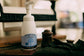 Foam soap bottle with lavender scent on a wooden surface