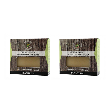 Two boxes of Plantlife Herbal Insect Aromatherapy Soap on a white background