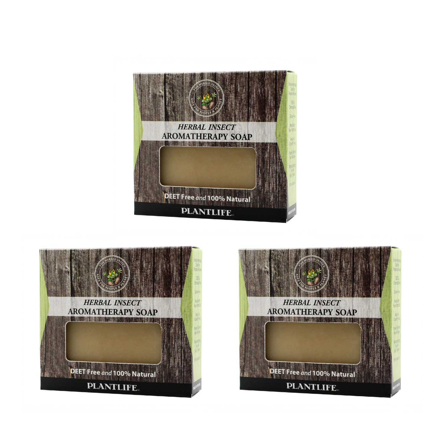 Three boxes of Plantlife Herbal Insect Aromatherapy Soap on a white background