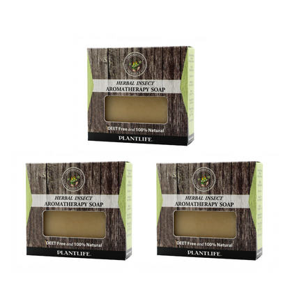 Three boxes of Plantlife Herbal Insect Aromatherapy Soap on a white background
