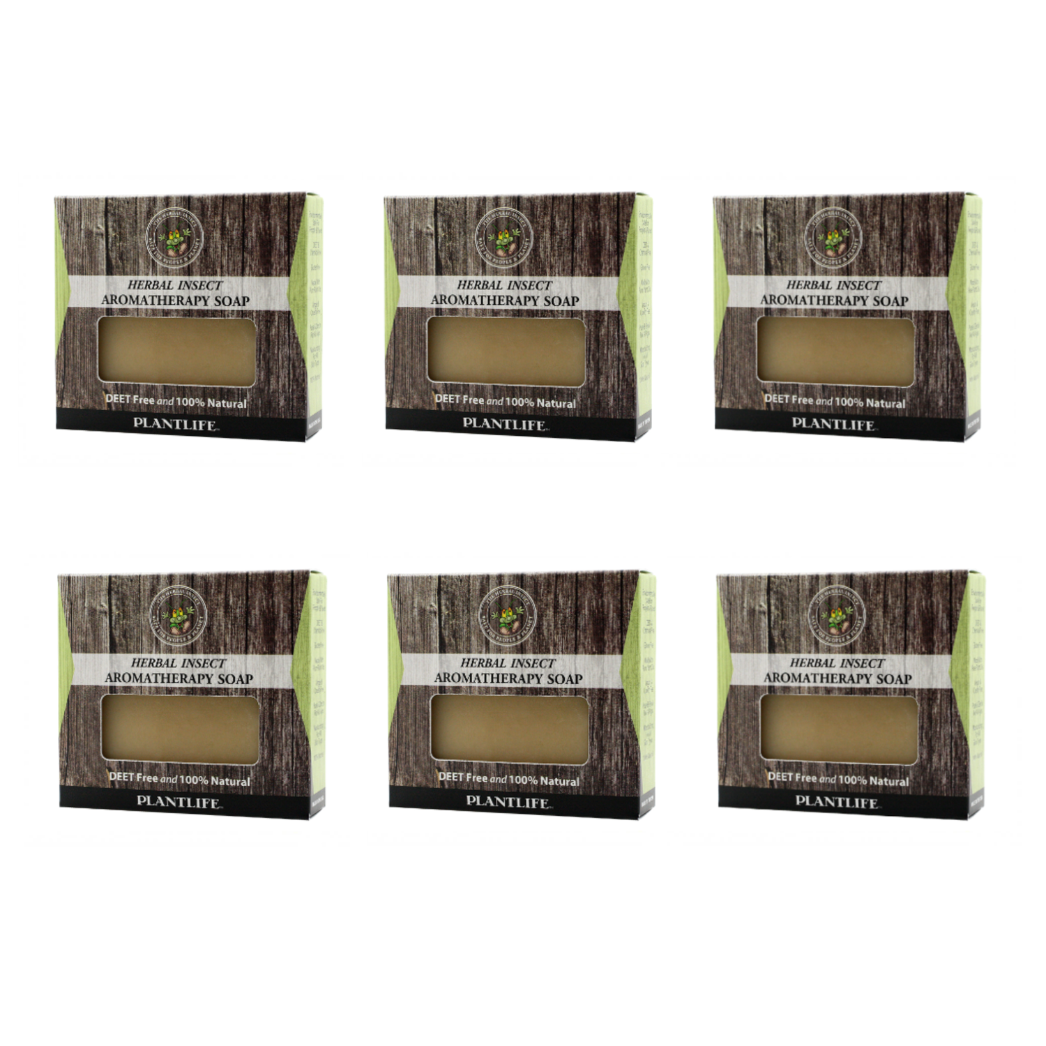 Six boxes of Herbal Insect Aromatherapy Soap by Plantlife on a white background