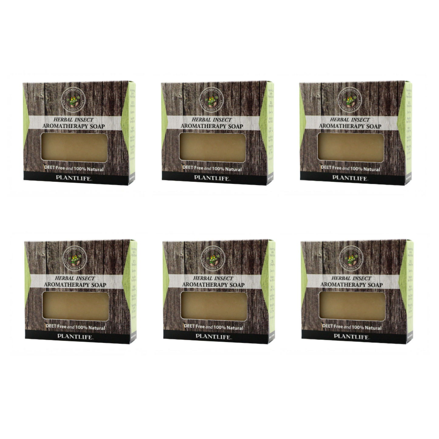 Six boxes of Herbal Insect Aromatherapy Soap by Plantlife on a white background