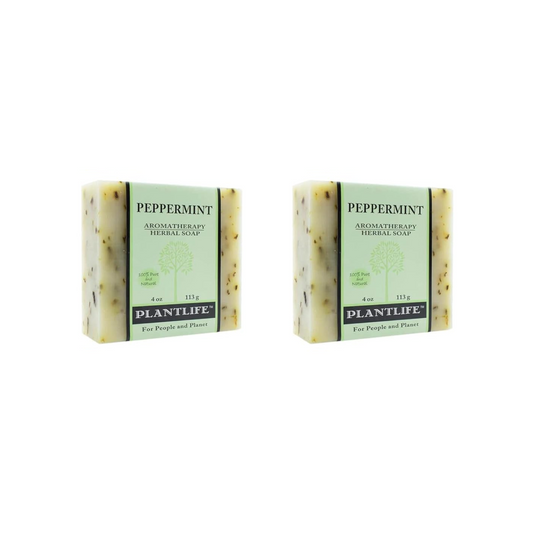 Two bars of Plantlife peppermint soap on a white background
