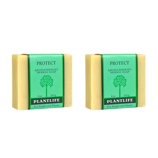 Two bars of Plantlife Aromatherapy Herbal Soap on a white background