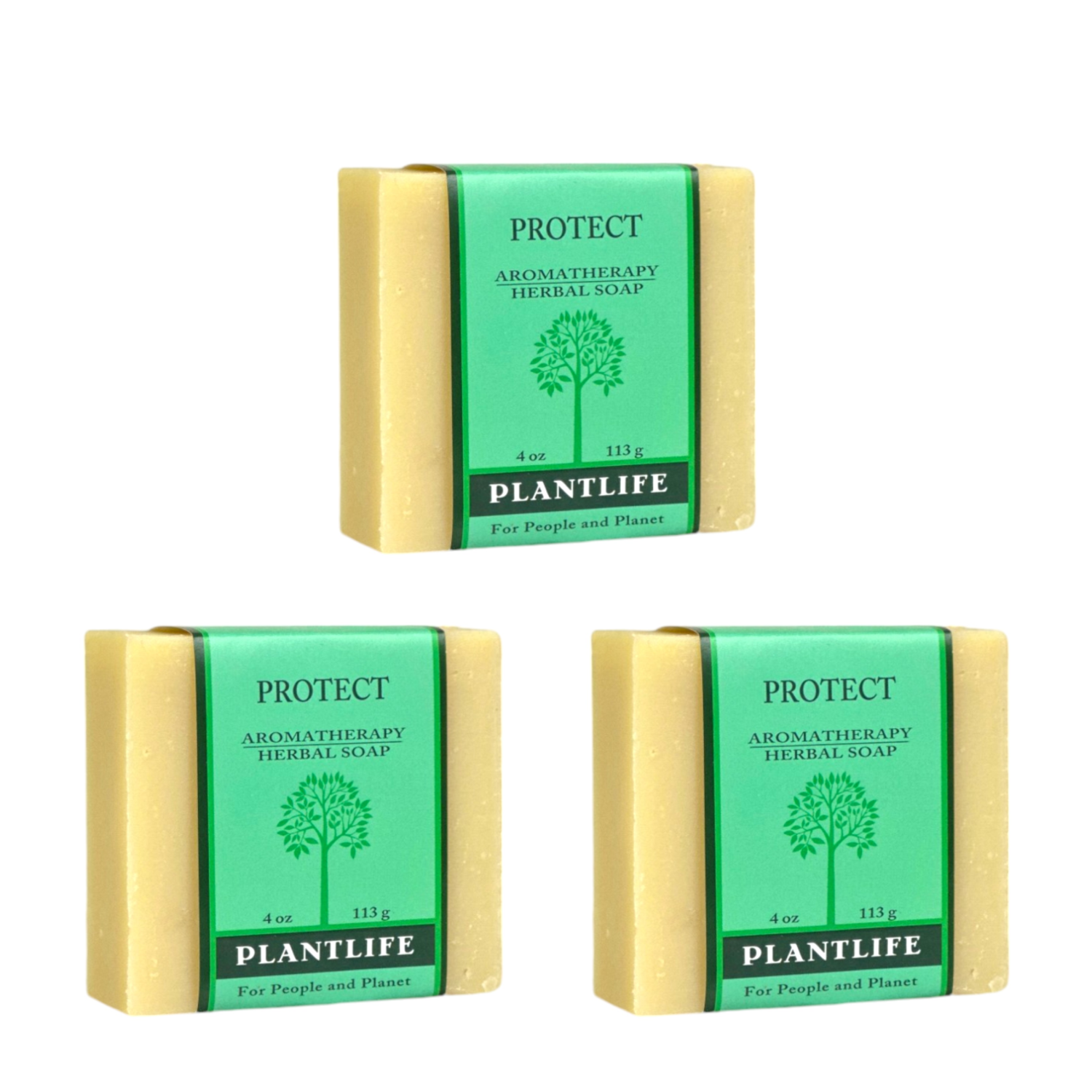 Three bars of Plantlife Protect Aromatherapy Herbal Soap on a white background