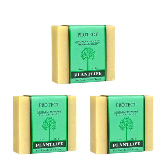 Three bars of Plantlife Protect Aromatherapy Herbal Soap on a white background