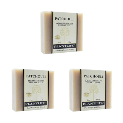 Three bars of Patchouli Aromatherapy Herbal Soap by Plantlife on a white background