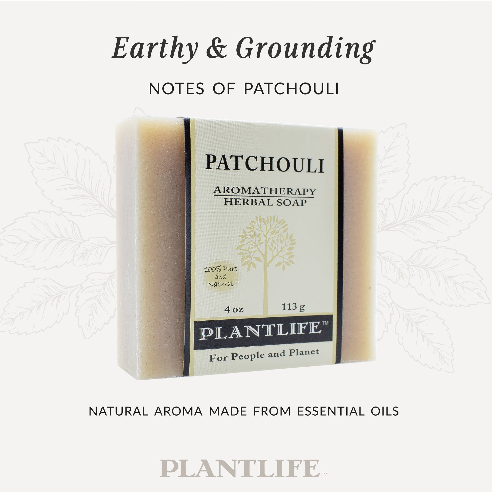 Plantlife Patchouli Aromatherapy Herbal Soap in beige packaging with a natural tan soap bar. Text reads “Earthy & Grounding – Notes of patchouli” and “Natural aroma made from essential oils.”