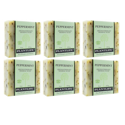 Six bars of Plantlife peppermint soap on a white background