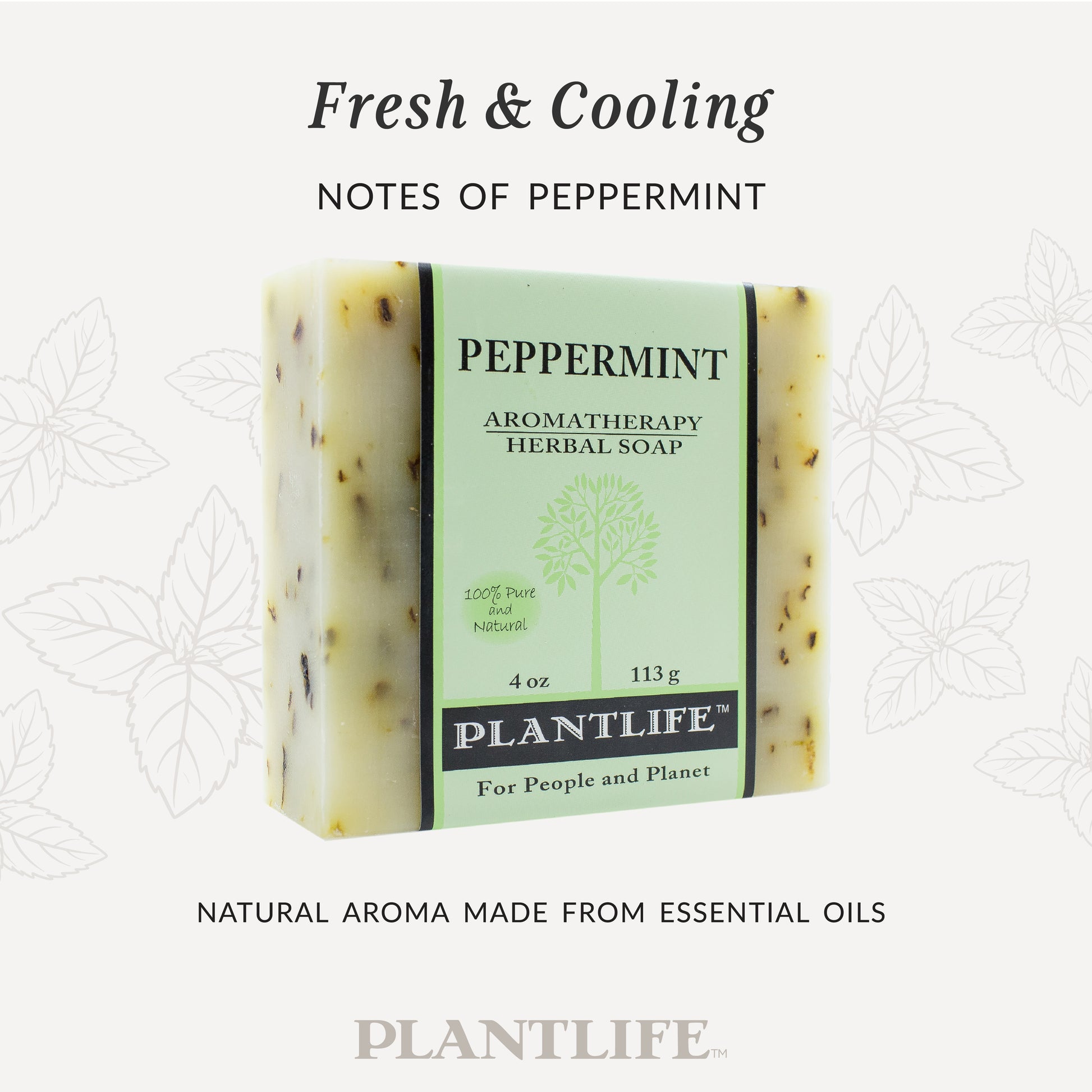 Plantlife Peppermint Aromatherapy Herbal Soap in light green packaging with visible herbal flecks. Text reads “Fresh & Cooling – Notes of peppermint” and “Natural aroma made from essential oils.” Invigorating soap handcrafted with peppermint essential oil for a cooling, energizing clean.
