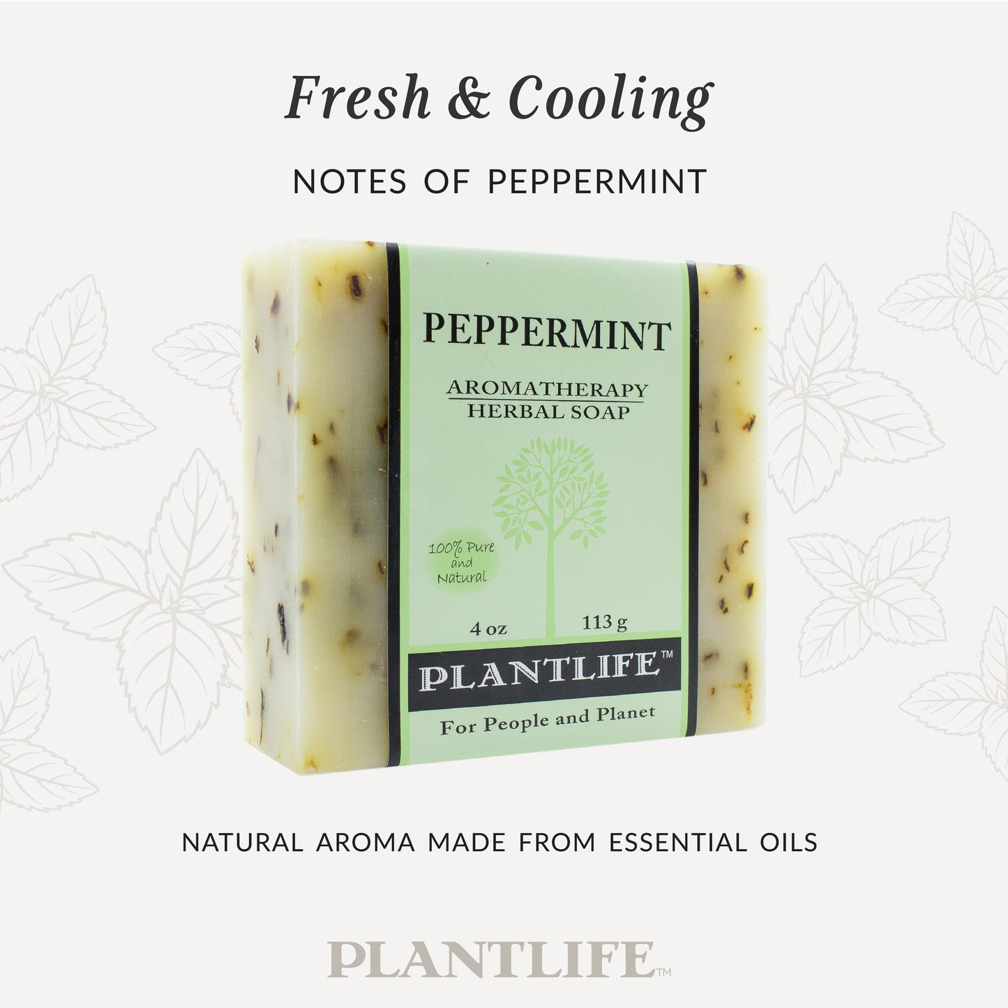 Plantlife Peppermint Aromatherapy Herbal Soap in light green packaging with visible herbal flecks. Text reads “Fresh & Cooling – Notes of peppermint” and “Natural aroma made from essential oils.” Invigorating soap handcrafted with peppermint essential oil for a cooling, energizing clean.