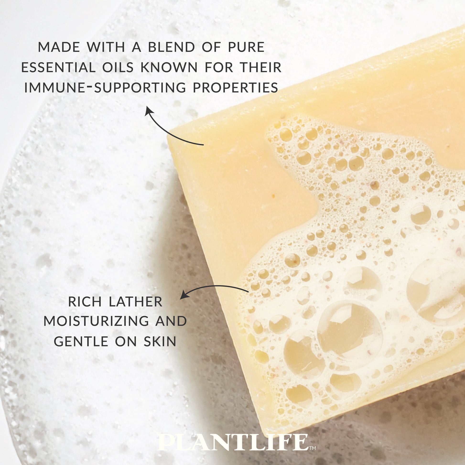 Close-up of Plantlife Protect Soap with soft foam and creamy texture. Text reads “Made with a blend of pure essential oils known for their immune-supporting properties” and “Rich lather moisturizing and gentle on skin.” Aromatic bar handcrafted for cleansing and protection with a warm, spicy essential oil blend.