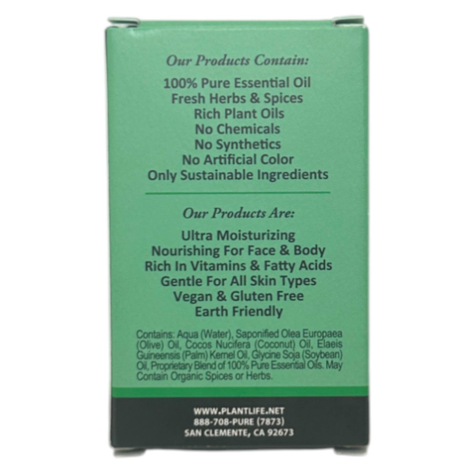 Product label with green background and white text detailing ingredients and product benefits.