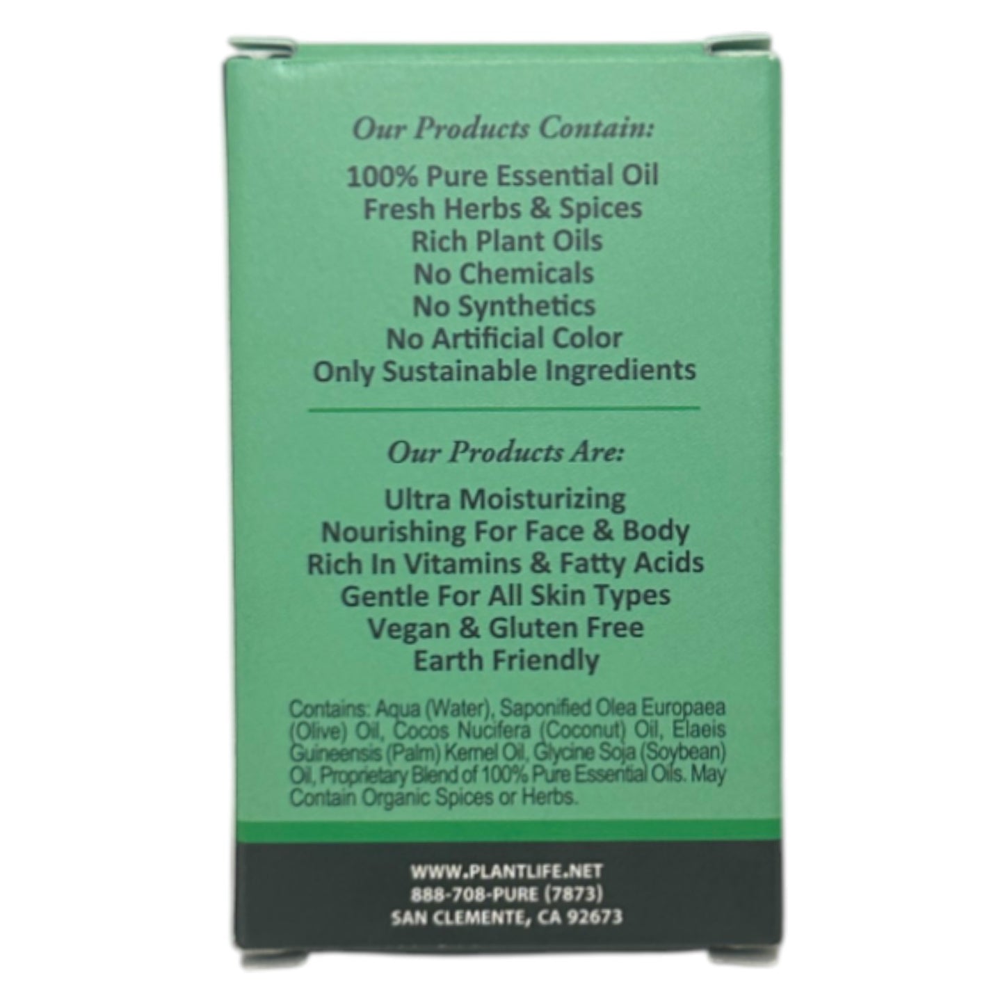 Product label with green background and white text detailing ingredients and product benefits.