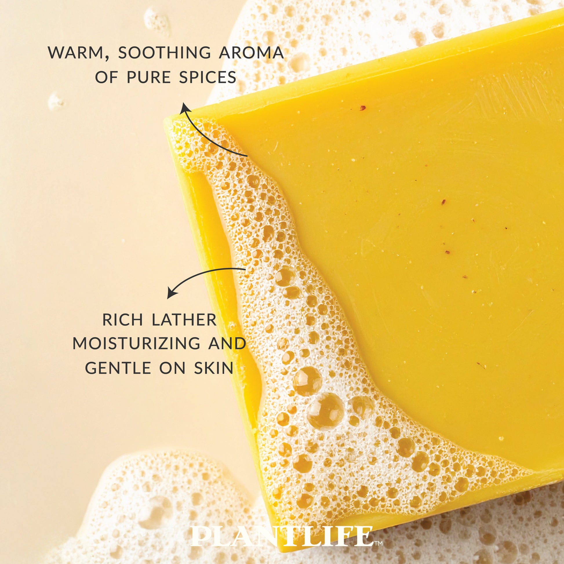 Close-up of a golden-yellow Plantlife soap bar resting in bubbly water. Text on the image highlights “Warm, soothing aroma of pure spices” and “Rich lather, moisturizing and gentle on skin.”