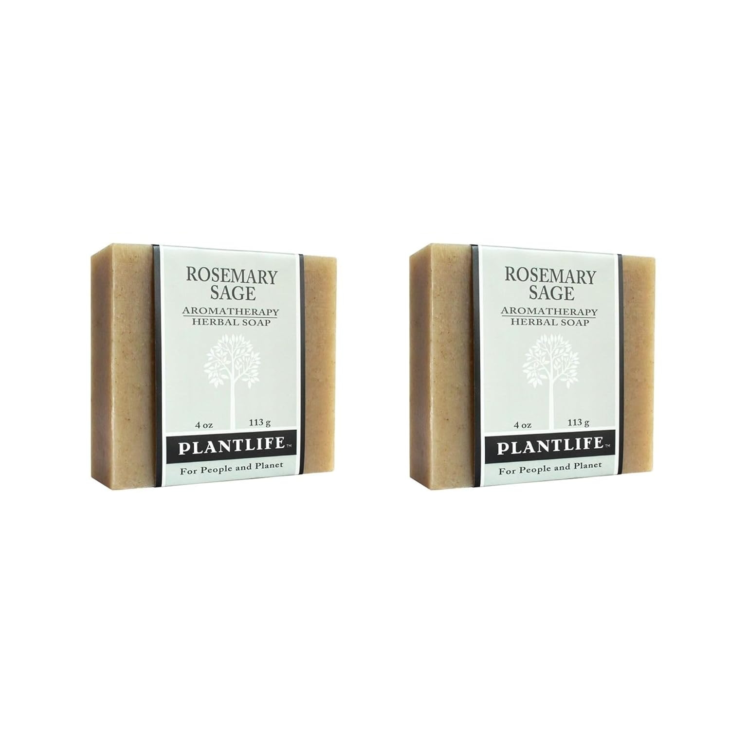 Two bars of Plantlife Rosemary Sage Aromatherapy Herbal Soap on a white background
