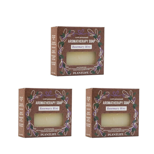 Three boxes of Plantlife Aromatherapy Soap with rosemary mint scent on a white background