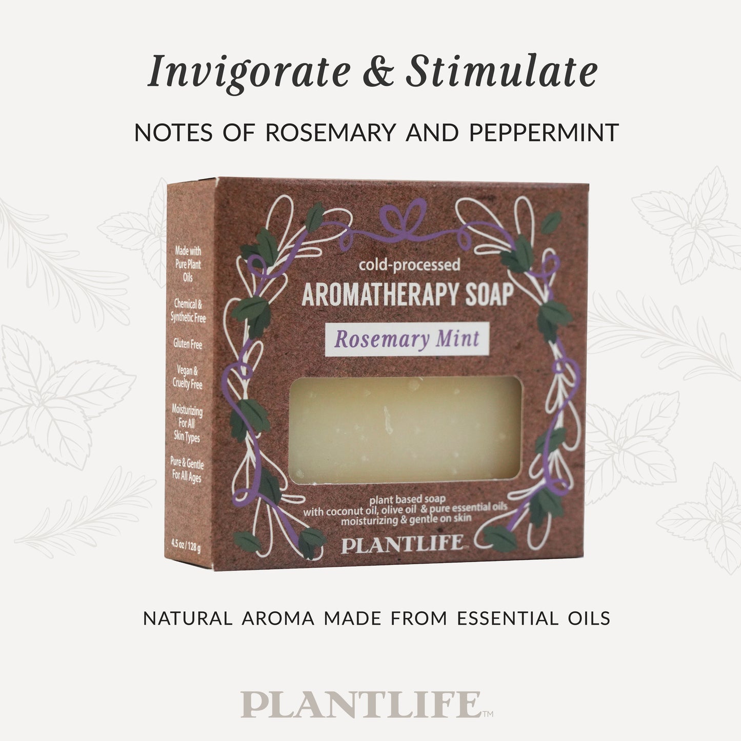 Aromatherapy soap packaging with rosemary and peppermint notes, featuring Plantlife brand.