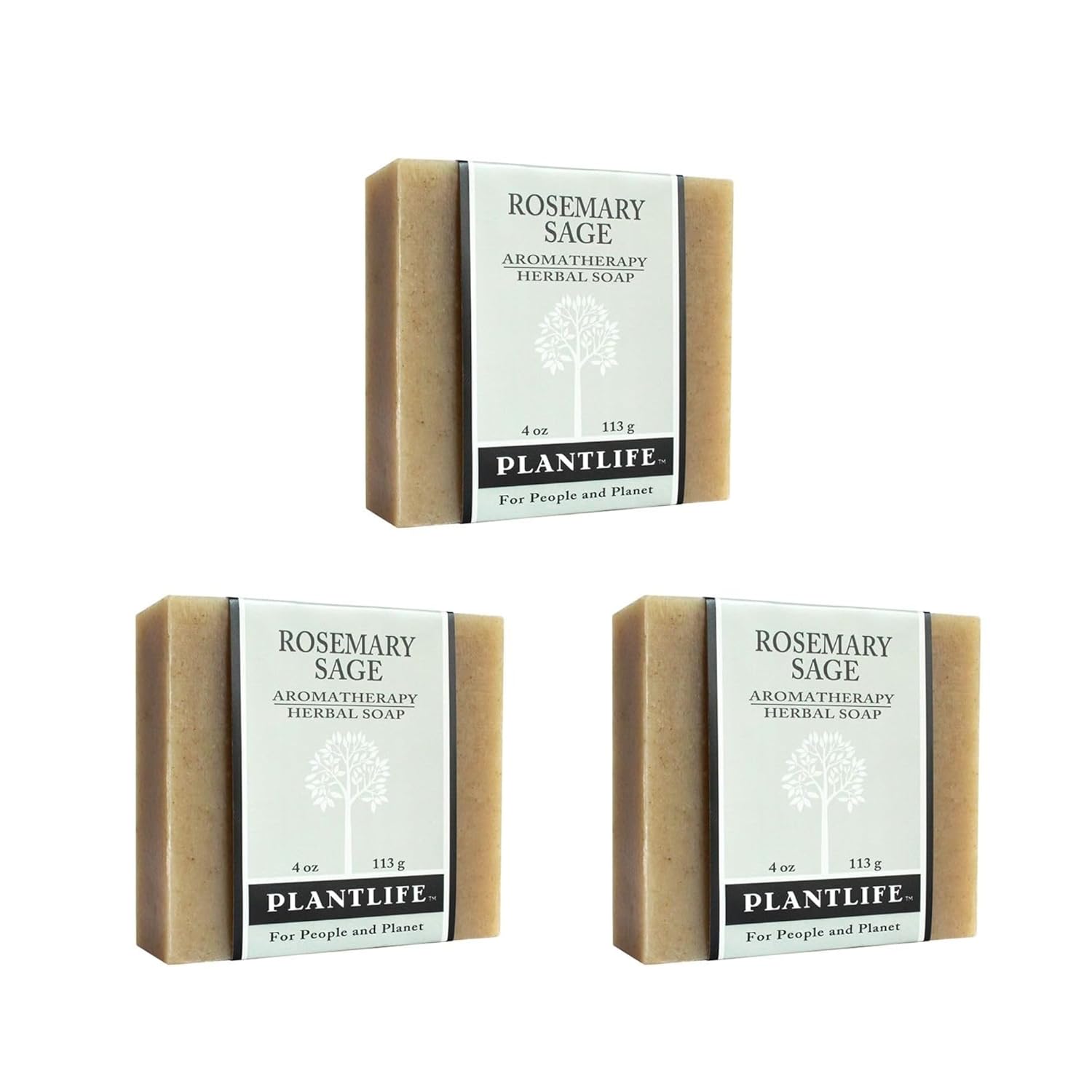 Three bars of Plantlife Rosemary Sage Aromatherapy Herbal Soap on a white background