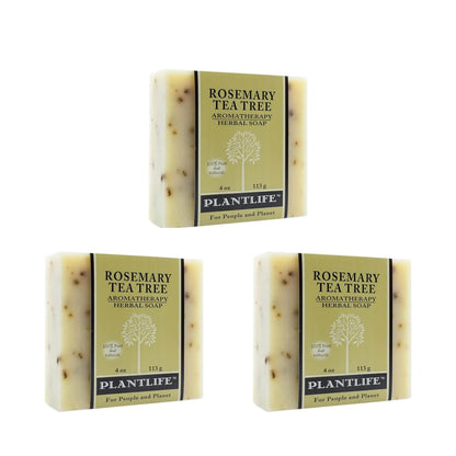 Three bars of Plantlife Rosemary Tea Tree soap on a white background