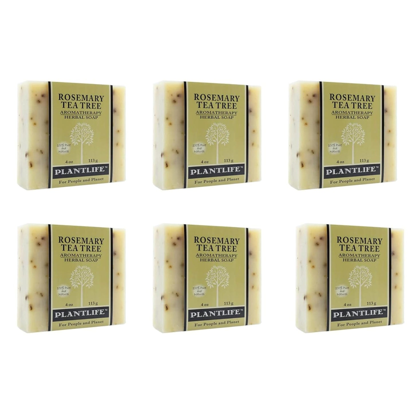 Six bars of Plantlife Rosemary Tea Tree soap on a white background