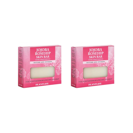 Two Jojoba Rosehip Skin Bars in pink packaging on a white background