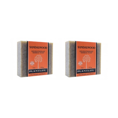 Two bars of Sandalwood Plantlife soap on a white background