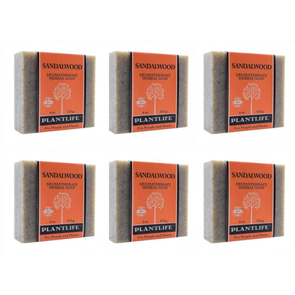 Six bars of Plantlife Sandalwood Aromatherapy Herbal Soap on a white background