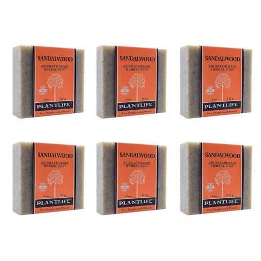 Six bars of Plantlife Sandalwood Aromatherapy Herbal Soap on a white background