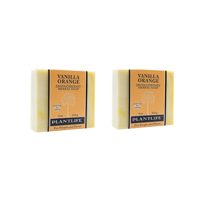 Two bars of Vanilla Orange Plantlife soap on a white background