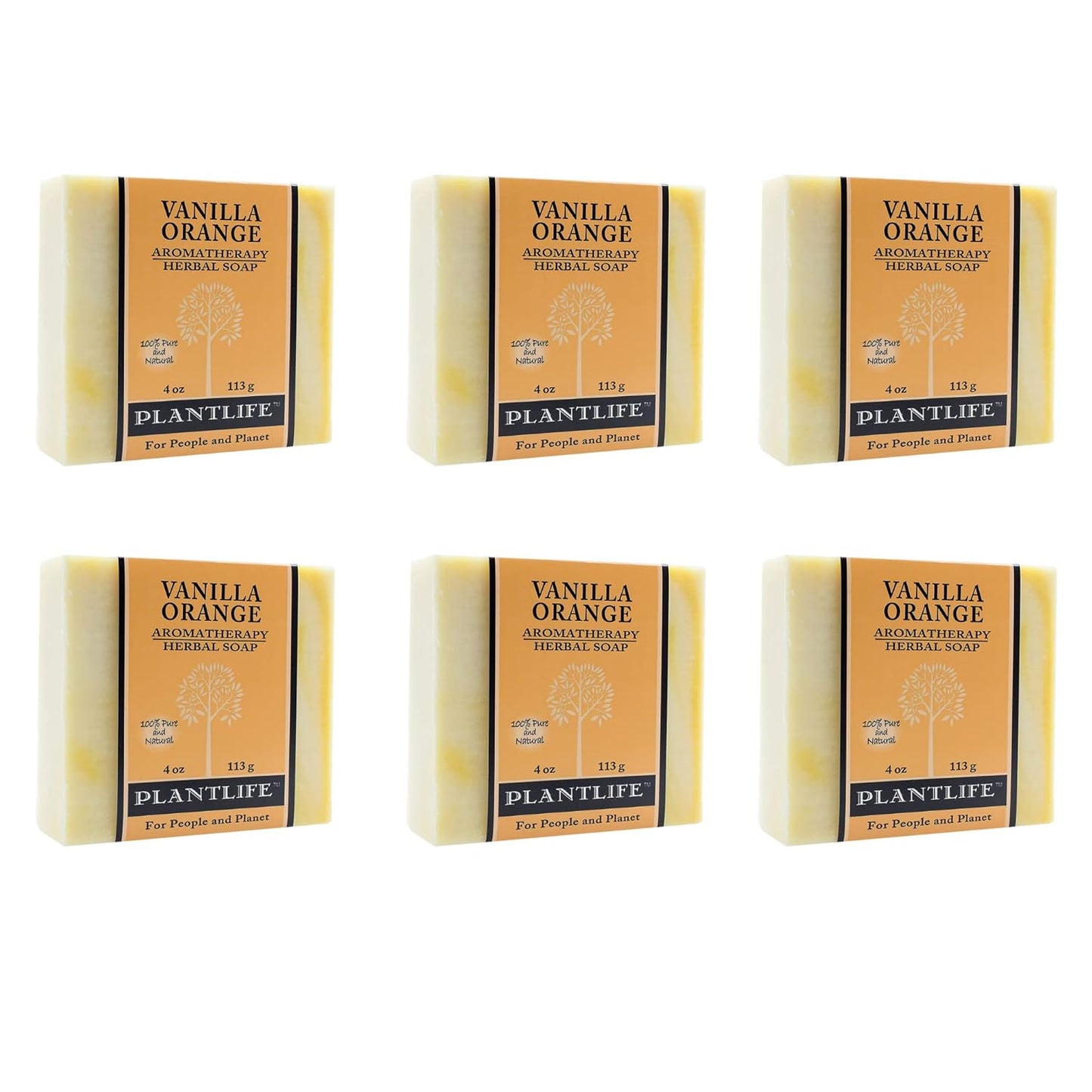 Six bars of Vanilla Orange Plantlife soap on a white background