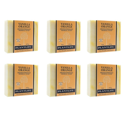 Six bars of Vanilla Orange Plantlife soap on a white background