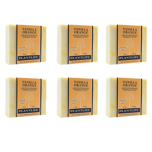 Six bars of Vanilla Orange Plantlife soap on a white background